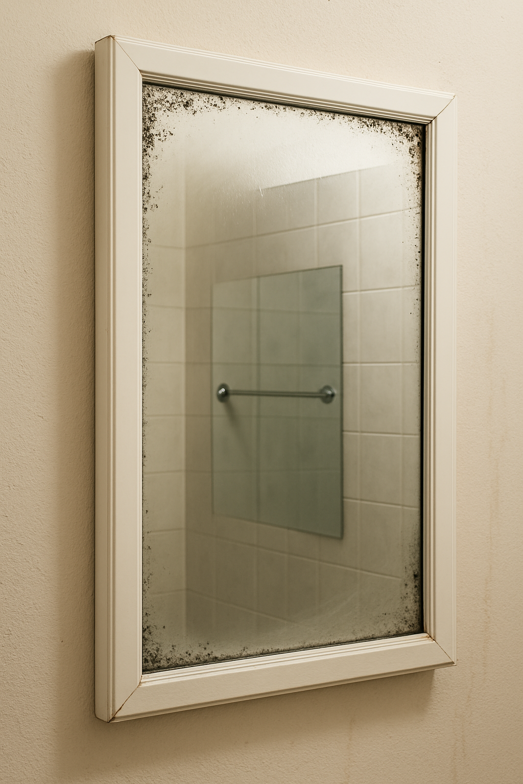 A corroded mirror edge showing black spots and streaks