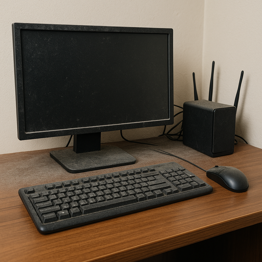 Dust buildup behind a computer monitor and desk