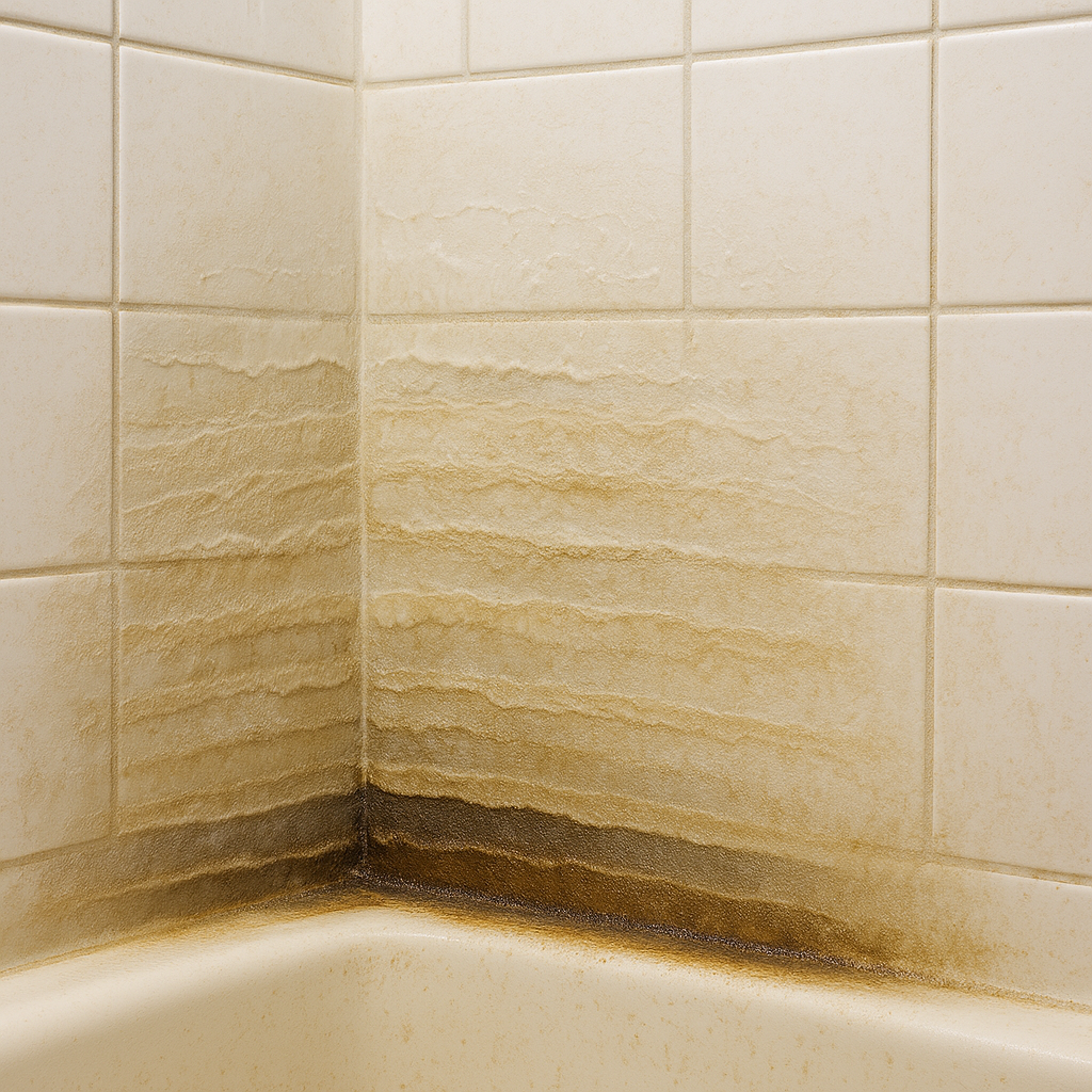 Soap scum layers forming in a shower corner